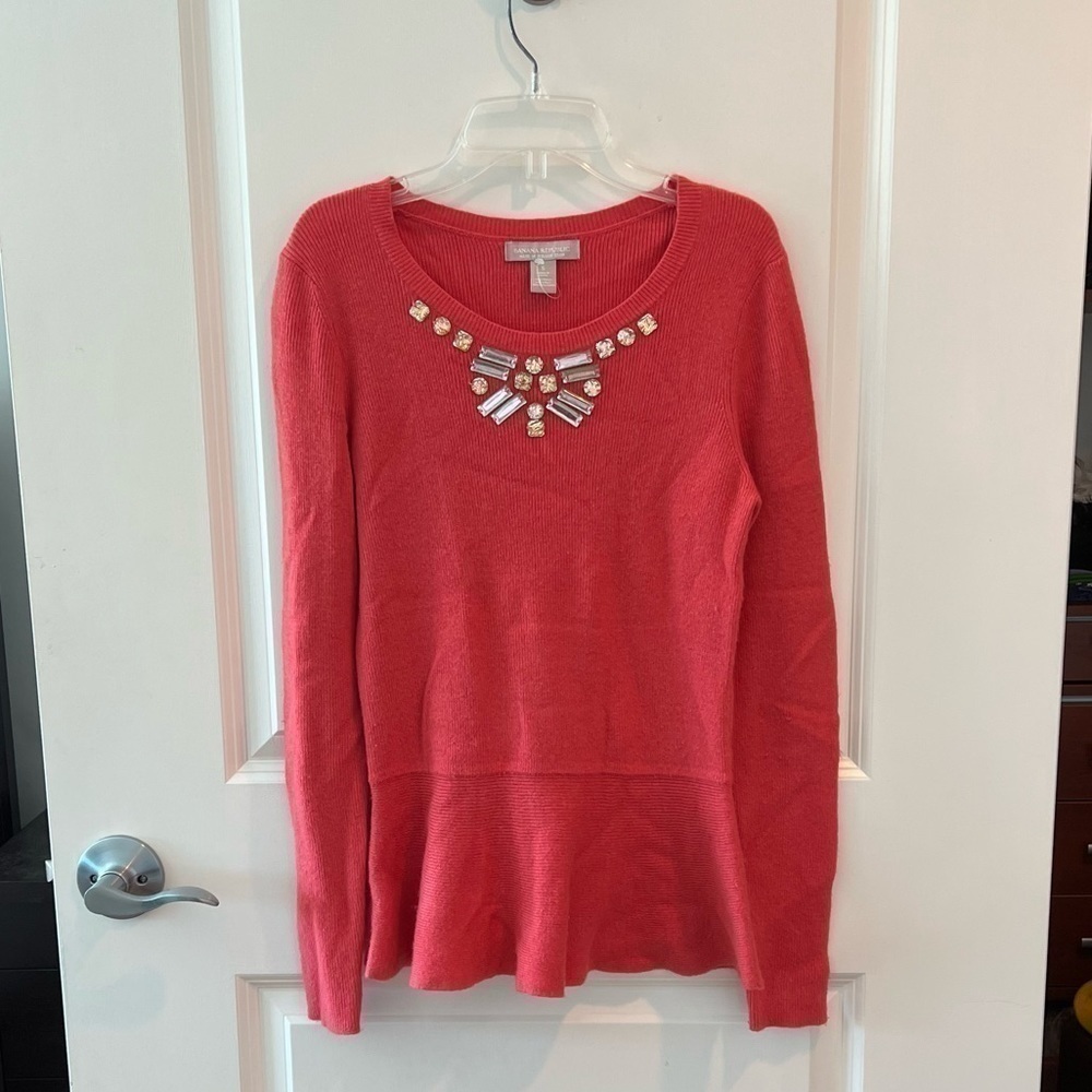 Banana Republic Womens Coral Sweater Jeweled Neckline